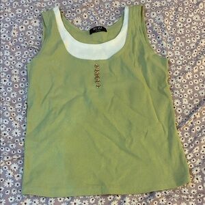 Buzz USA Light Green Ribbed Tank with White Trim and Gold Button Detail